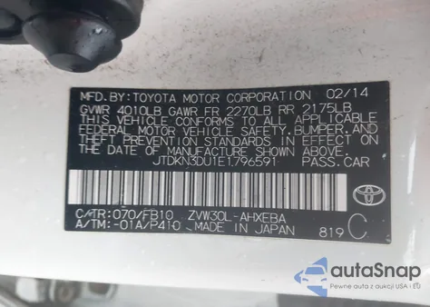 2014 Toyota Prius Two из США, поврежденный, VIN JTDKN3DU1E1796591